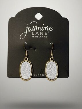 Jasmine Lane Gold and White Glitter Drop Earrings Oval Dangle Hypoallergenic